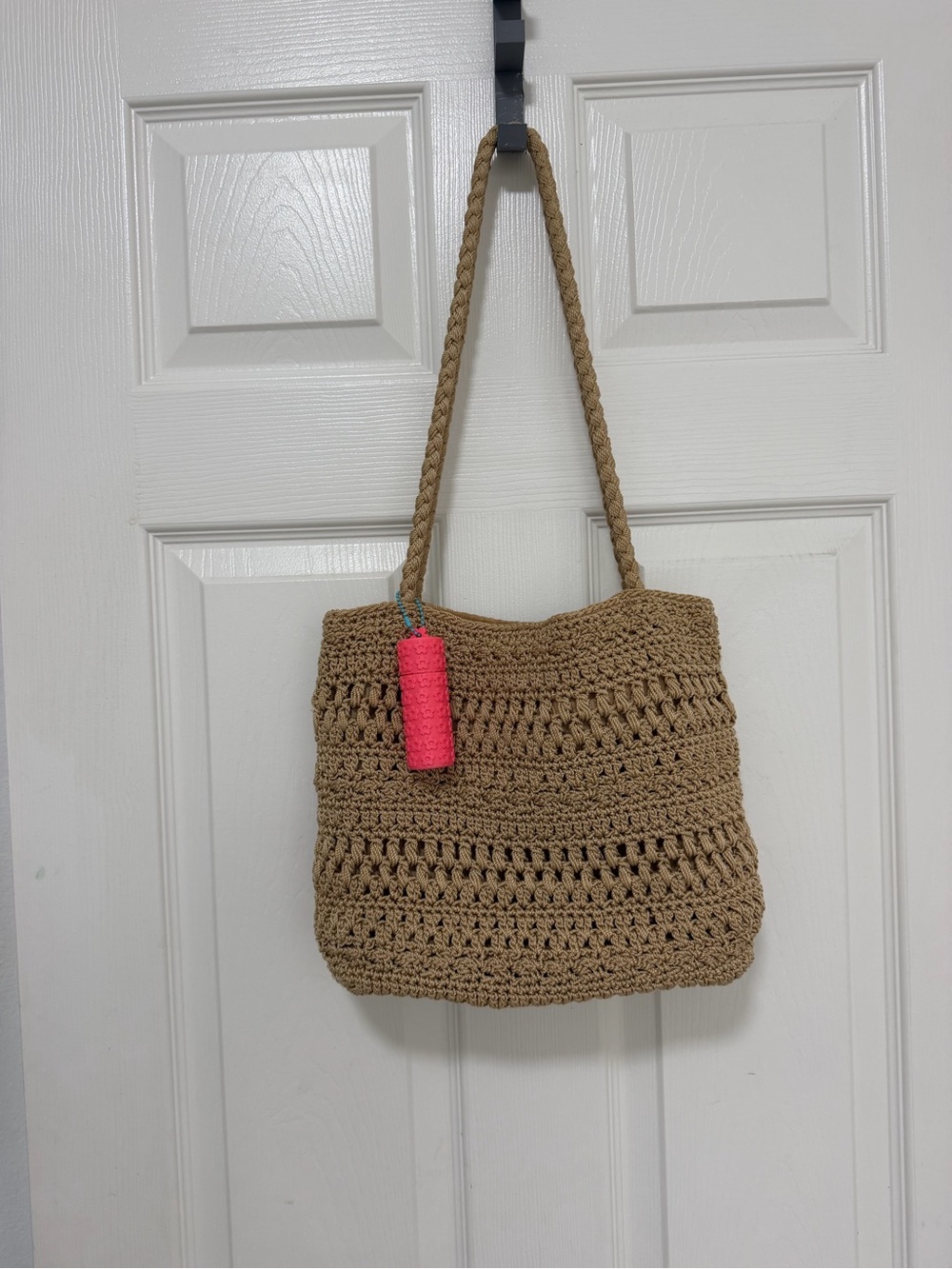 Handmade Crochet Tote Bag by Lina Boho Beach Shoulder Bag + Pink Charm